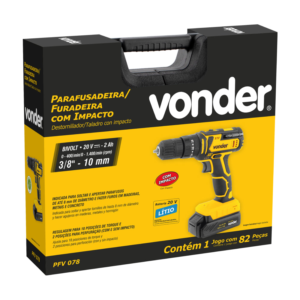 Parafusadeira/furadeira com impacto a bateria, 20 V, fonte de carregamento bivolt automática com 78 acessórios, PFV 078, VONDER